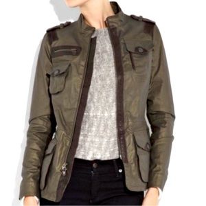 Vince Army Green Waxed Cotton Leather Trim Utility Jacket, Size M